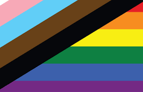 Puerto Rico Pride colours diagonal stripes of pink, blue, brown and black. Horizontal strips of orange, yellow green blue, purple.